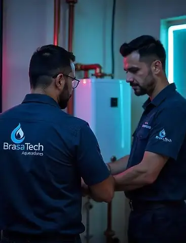 Dois técnicos da BrasaTech, de uniforme, fazendo a manutenção de um aquecedor a gás